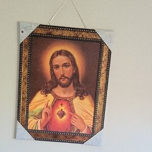 Framed Sacred Heart Wall Art - Gold and Red